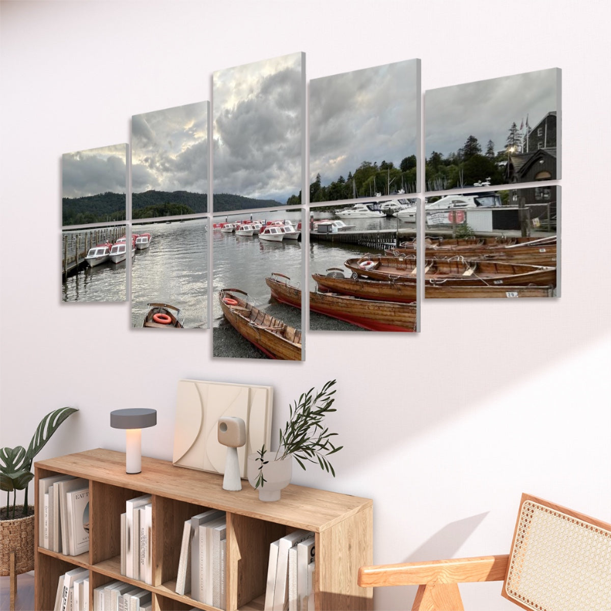 10 Decorative Sound Absorbing Wall Panels featuring a serene lake and boats scene in a modern living room