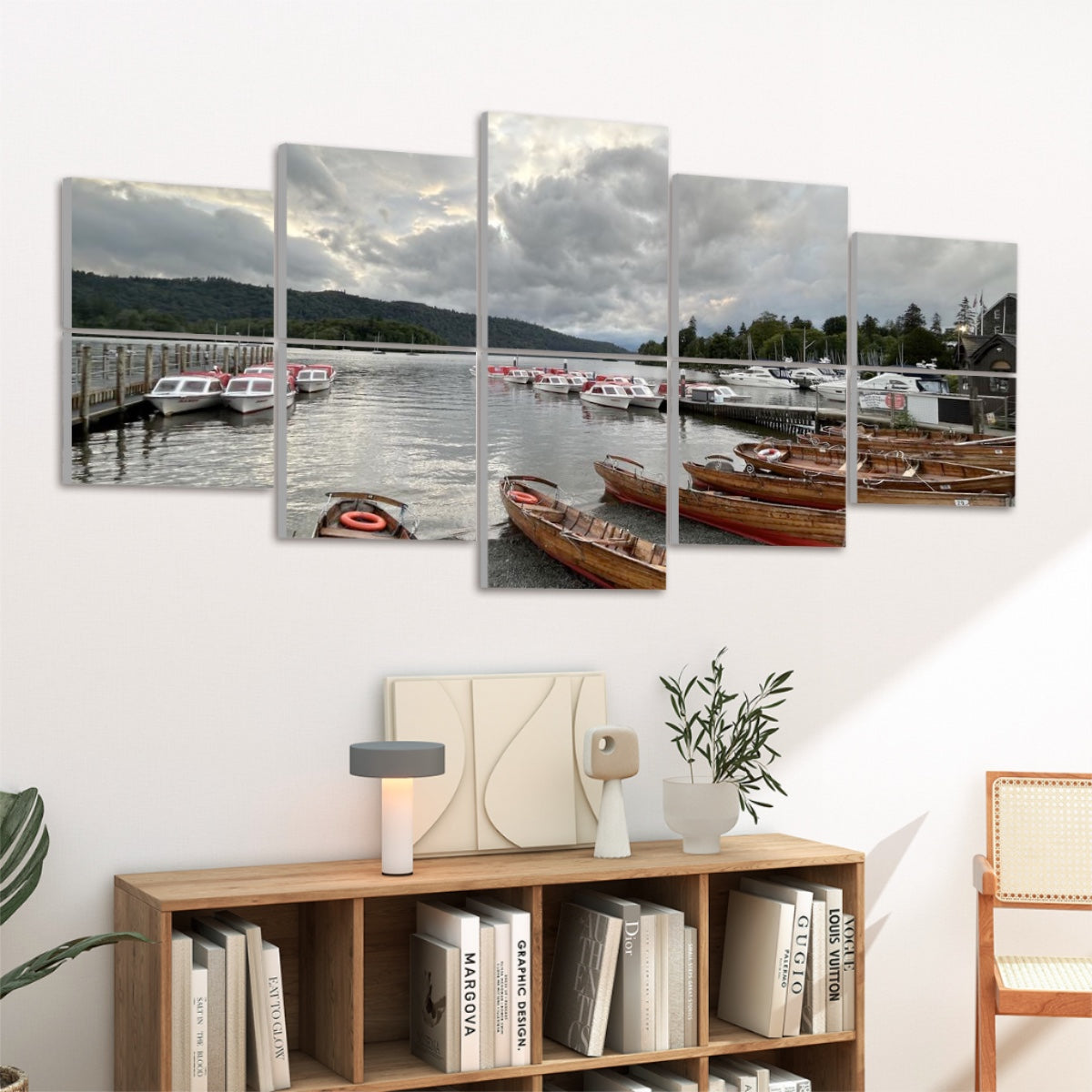 10 Decorative Sound Absorbing Wall Panels featuring a lake with boats and a cloudy sky above