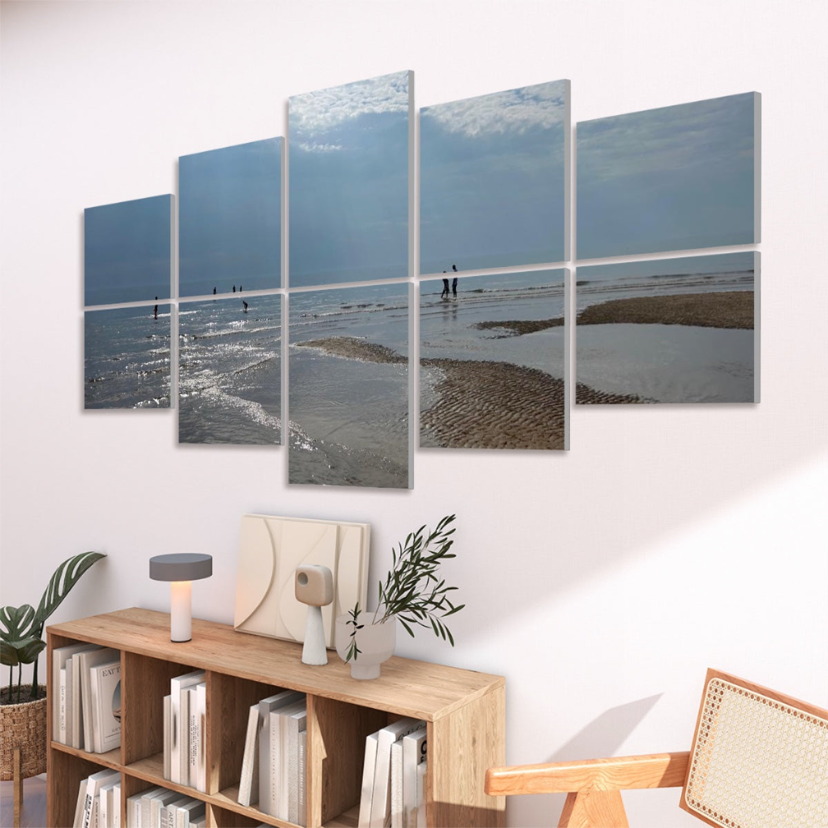 10 Decorative Sound Absorbing Panels featuring Blackpool Beach Landscape. wall art above console in modern living room