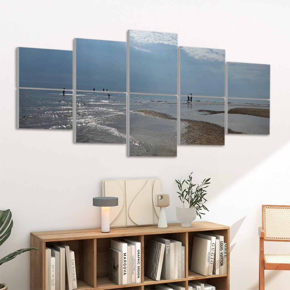 10 Decorative Sound Absorbing Panels featuring Blackpool Beach Landscape. panel wall art above shelf with beach tide and walkers.