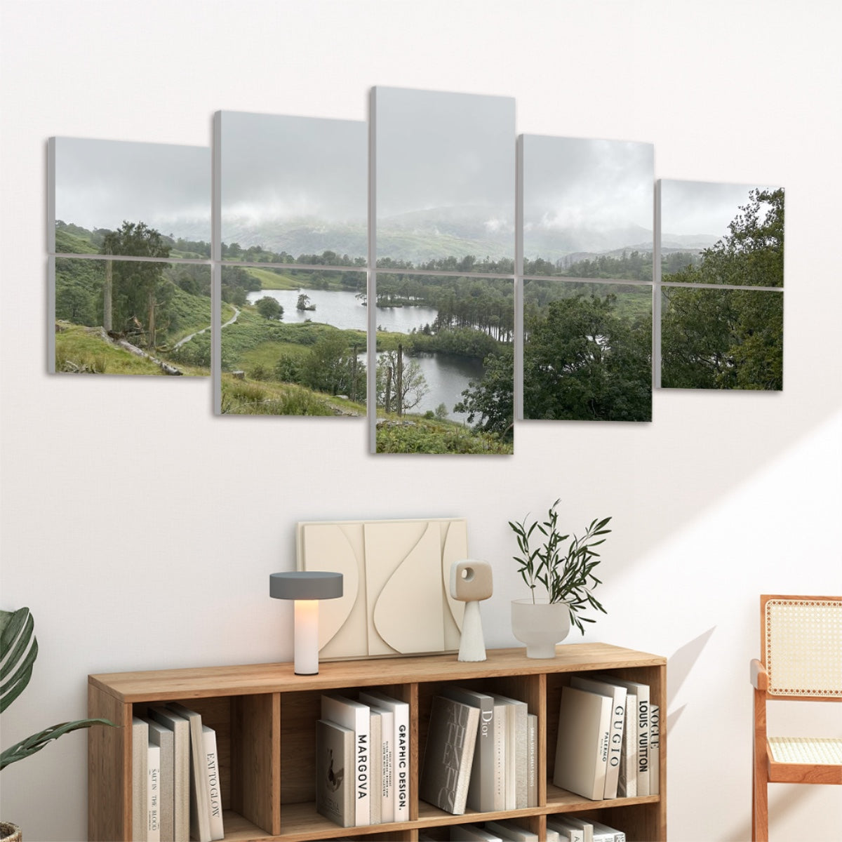 10 Decorative Sound Absorbing Wall Panels Featuring Tarn Hows Lake District Landscape 80''x40'' above wooden console shelf