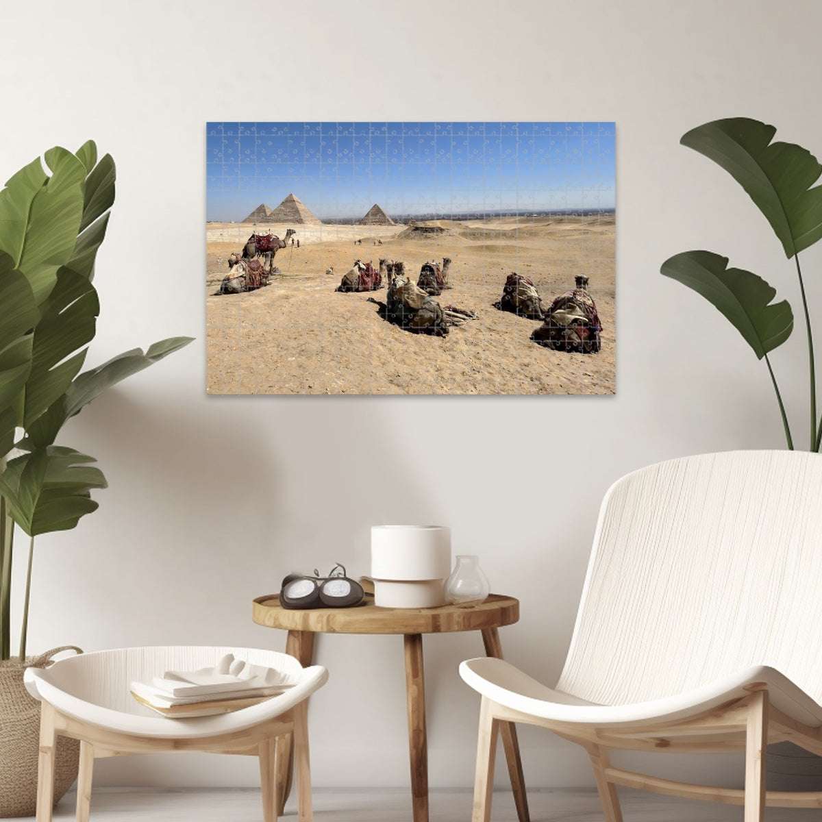 1000-piece wooden puzzle of camels resting on the Giza Plateau, with pyramids and Giza skyline in full color