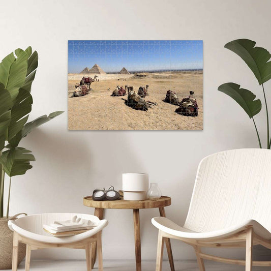 1000-piece wooden puzzle of camels resting on the Giza Plateau, with pyramids and Giza skyline in full color