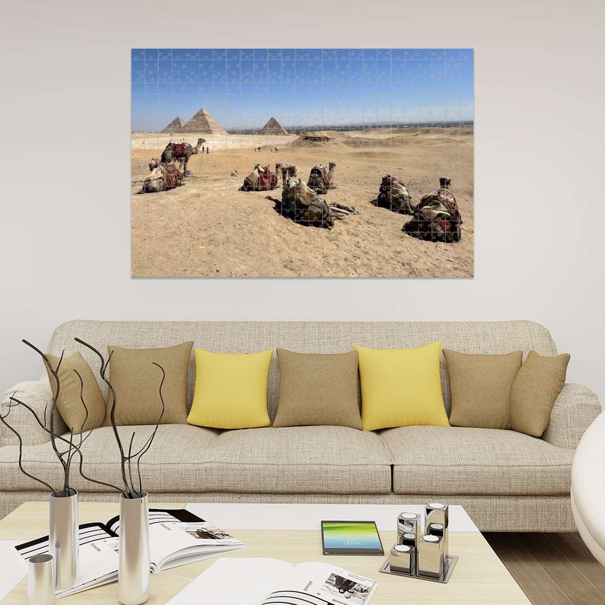 1000-piece wooden puzzle of camels resting on the Giza Plateau, with pyramids and Giza skyline in full color