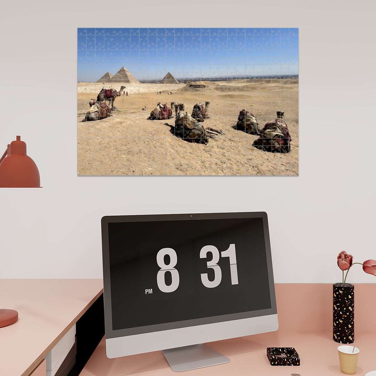 1000-piece wooden puzzle of camels resting on the Giza Plateau, with pyramids and Giza skyline in full color