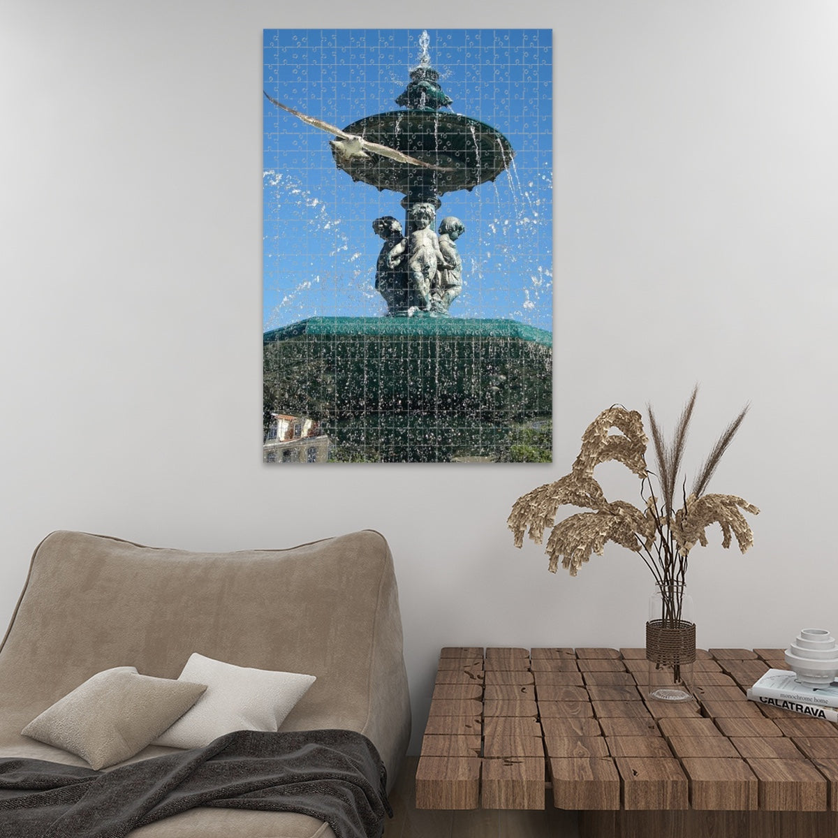 1000-piece oak wood jigsaw puzzle showing a seagull flying toward the camera with a fountain and blue sky in Lisbon, in full vibrant color, size 19.7" x 29.5"