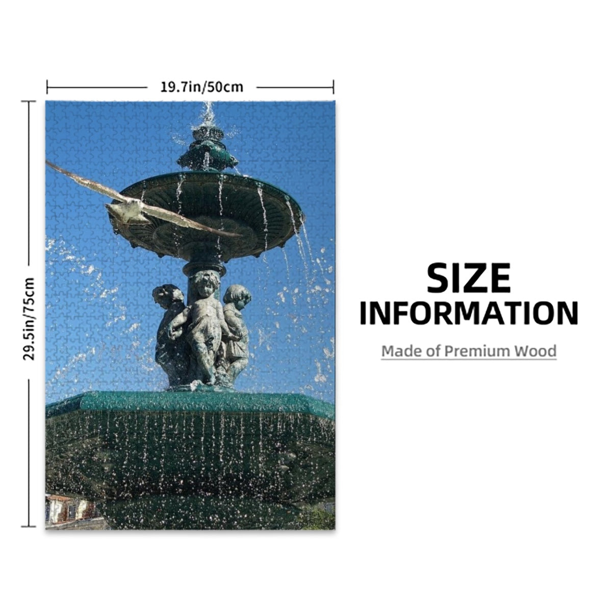 1000-piece oak wood jigsaw puzzle showing a seagull flying toward the camera with a fountain and blue sky in Lisbon, in full vibrant color, size 19.7" x 29.5"