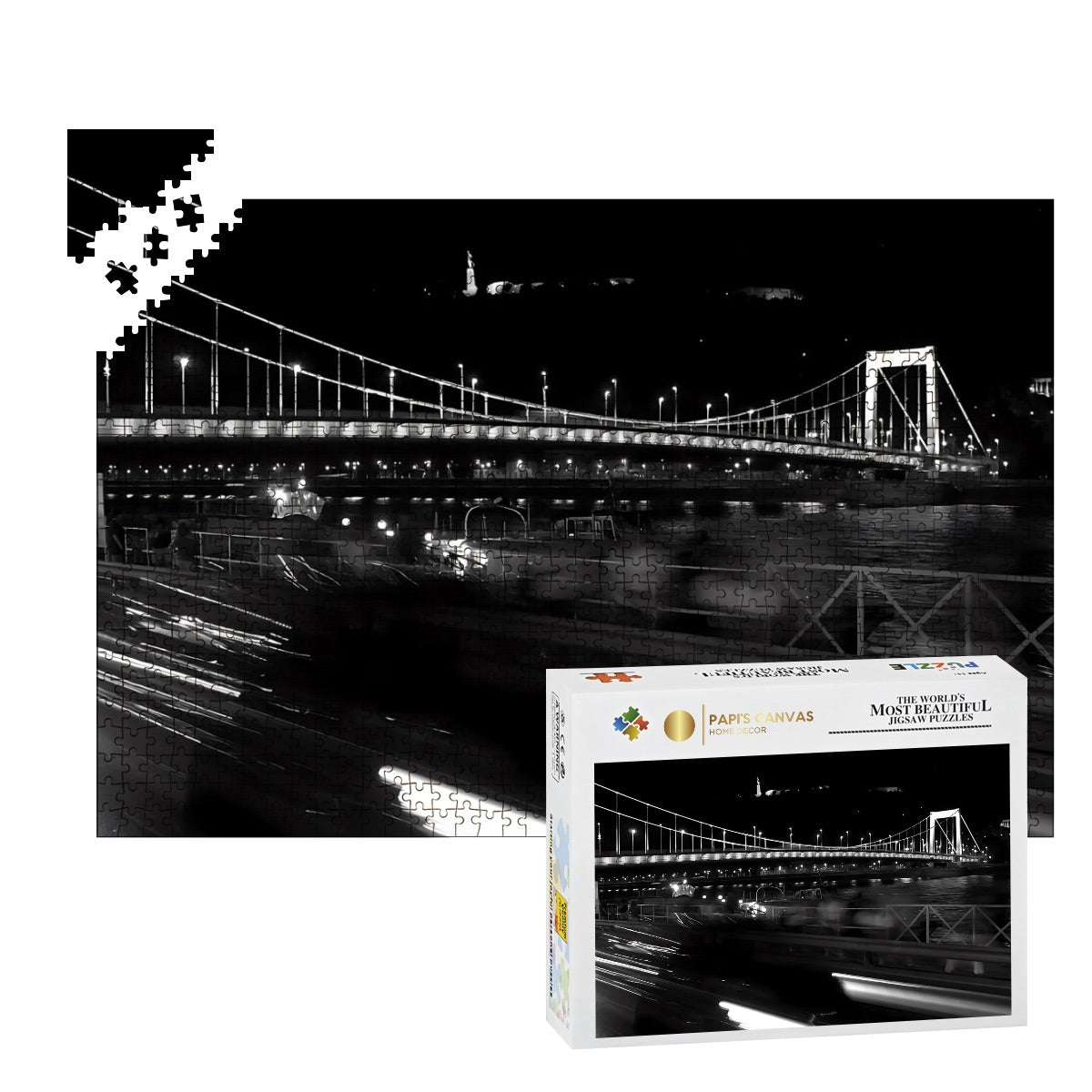 Full color photo of a historic bridge in Budapest with architectural buildings in the background.
