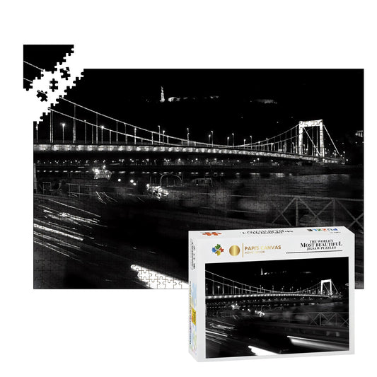 Full color photo of a historic bridge in Budapest with architectural buildings in the background.