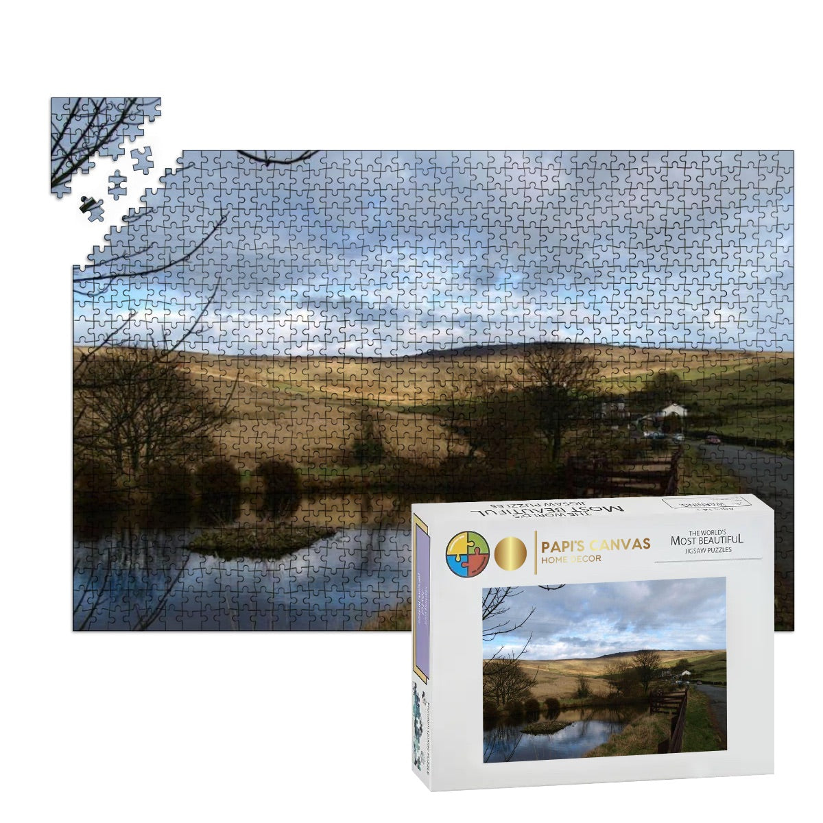 1000-piece oak wood jigsaw puzzle featuring a full color British landscape. Rich detail, peaceful rural scene. Size: 29.5" x 19.7".