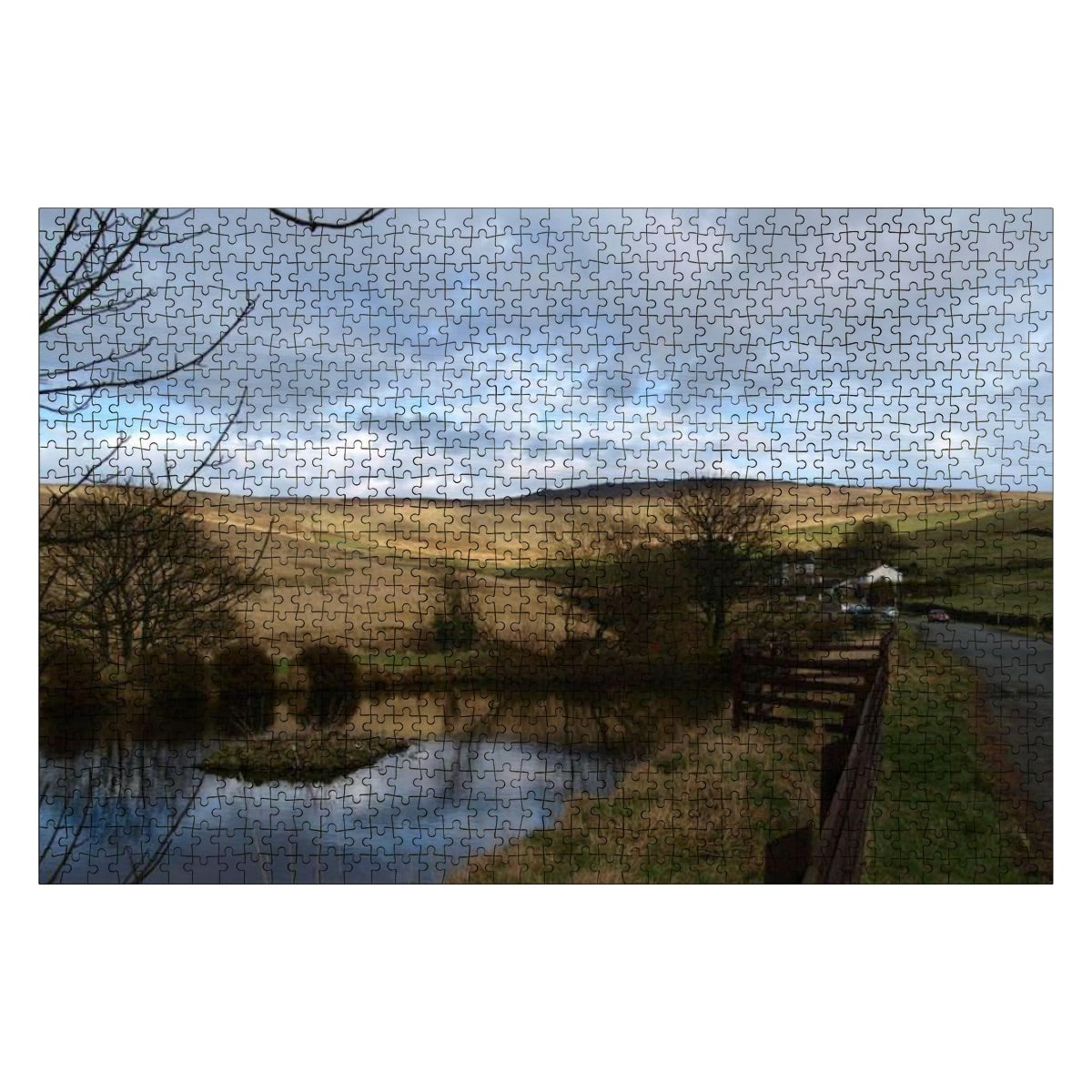 1000-piece oak wood jigsaw puzzle featuring a full color British landscape. Rich detail, peaceful rural scene. Size: 29.5" x 19.7".