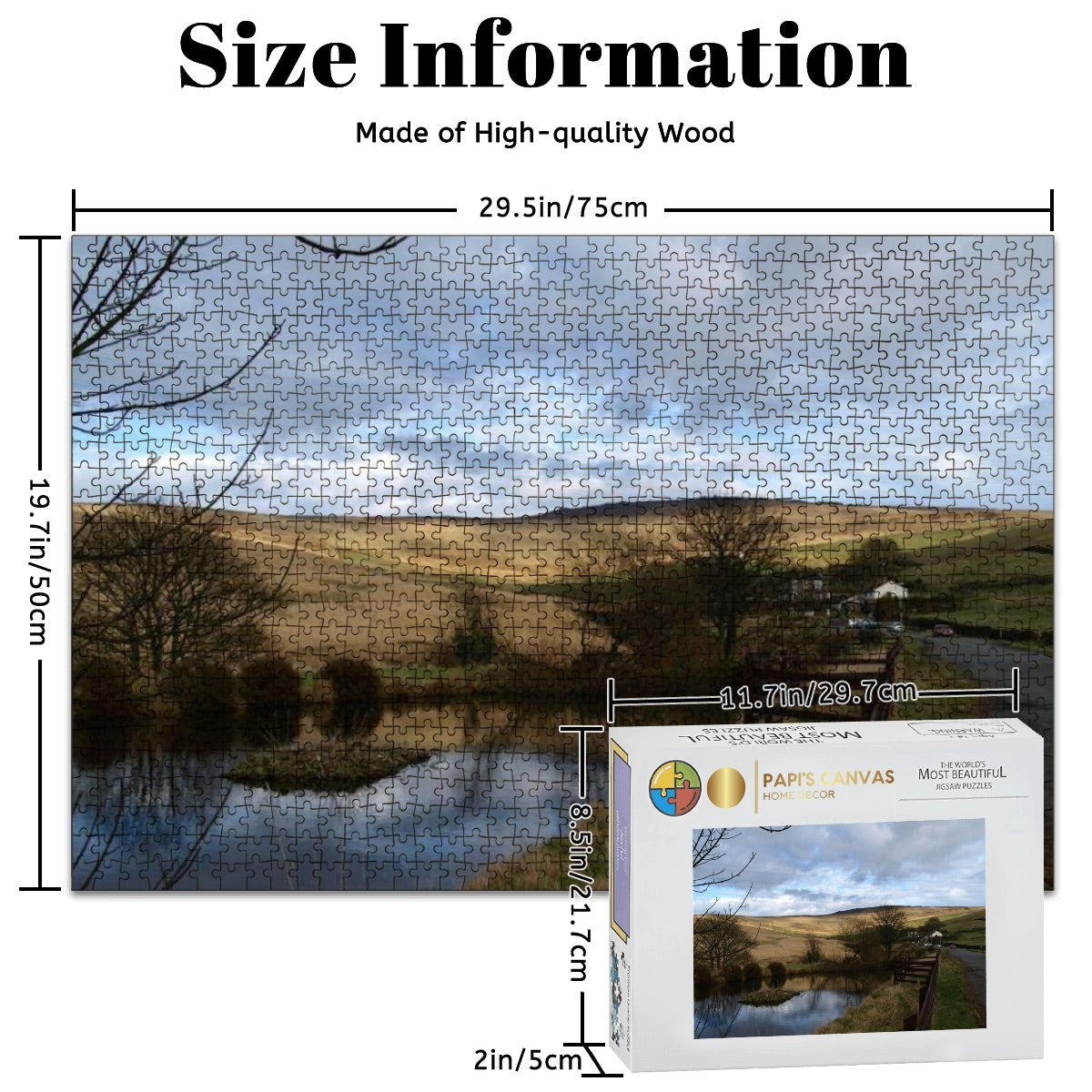 1000-piece oak wood jigsaw puzzle featuring a full color British landscape. Rich detail, peaceful rural scene. Size: 29.5" x 19.7".