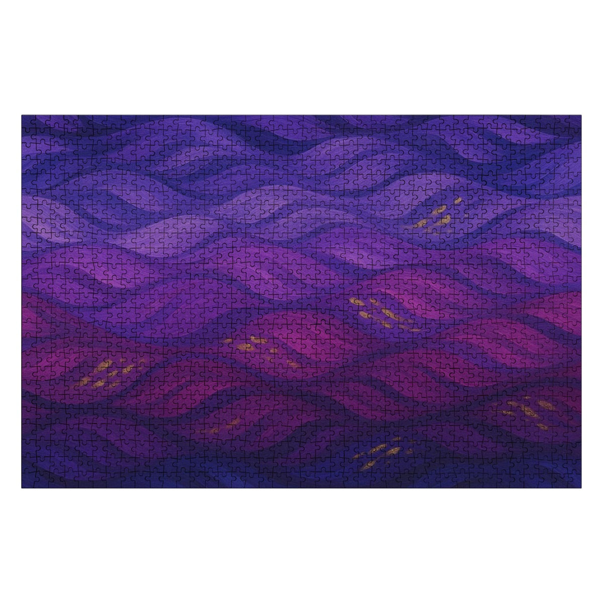 Full color wooden jigsaw puzzle with abstract amethyst waves and golden highlights, 1000 oak pieces