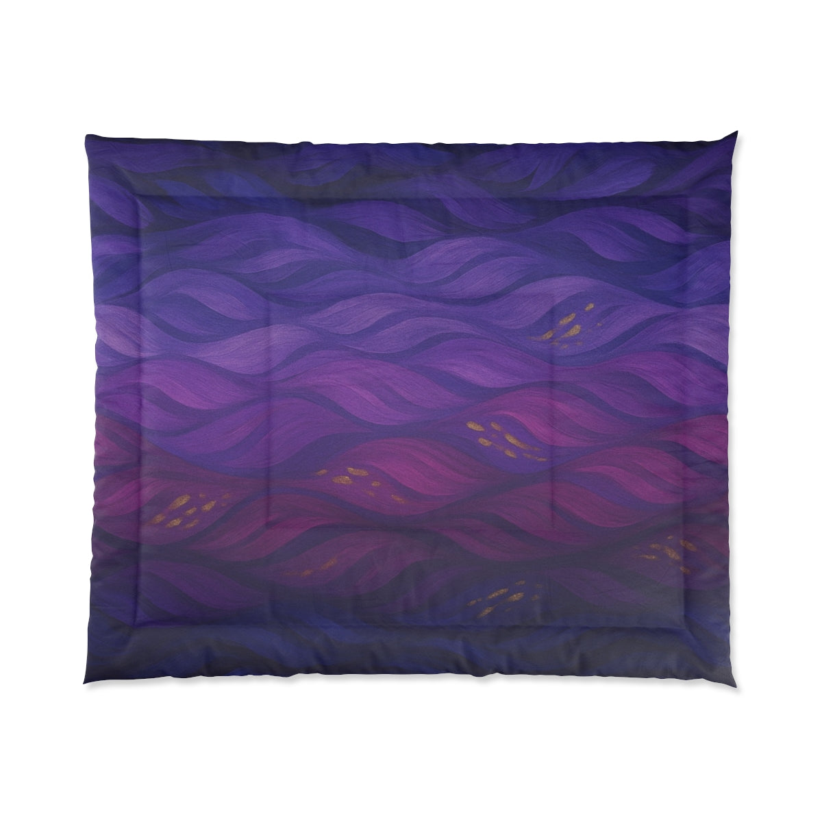 Oversized full color comforter with flowing layers of violet and deep blue tones, featuring golden accents. Size: 104" × 88"
