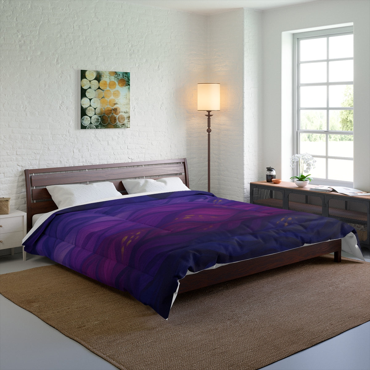 Spacious room mockup featuring the full color comforter on a king-sized bed, with dramatic violet waves flowing across the mattress. Size: 104" × 88"