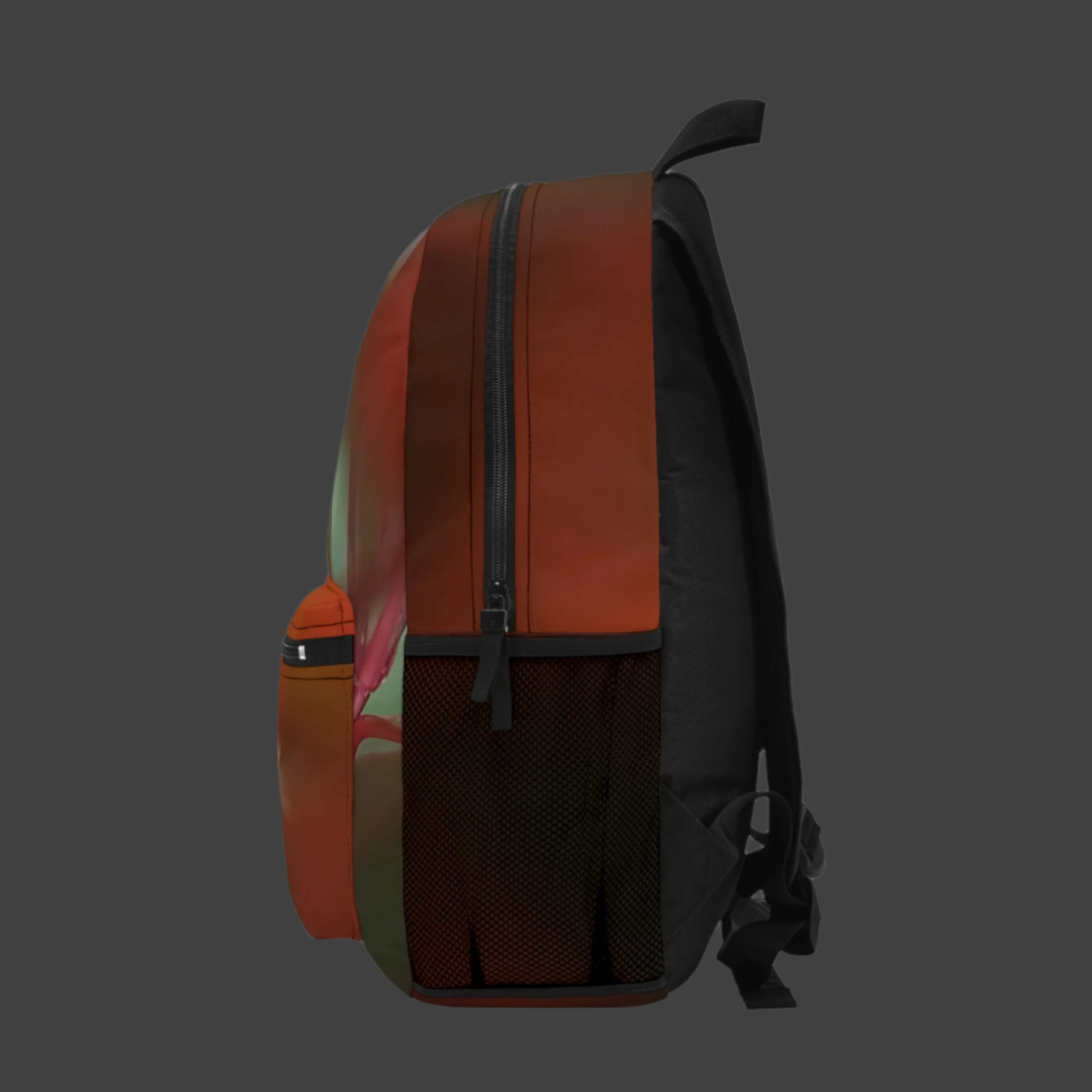 Right side of colorful backpack with artistic botanical pattern wrapping around the panel.