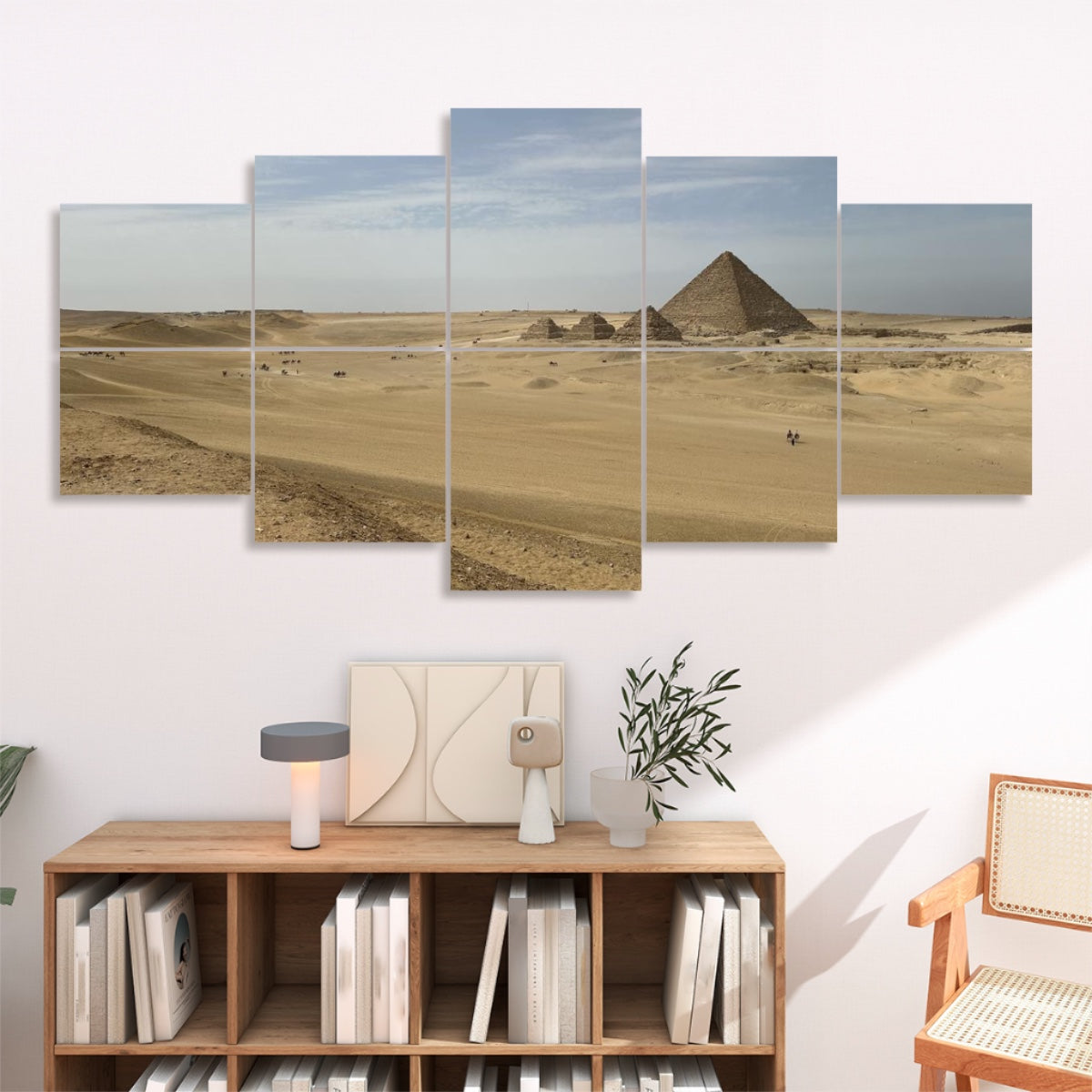 Ten panels on a white background showing the Pyramid of Menkaure rising from golden desert sands under a pale sky