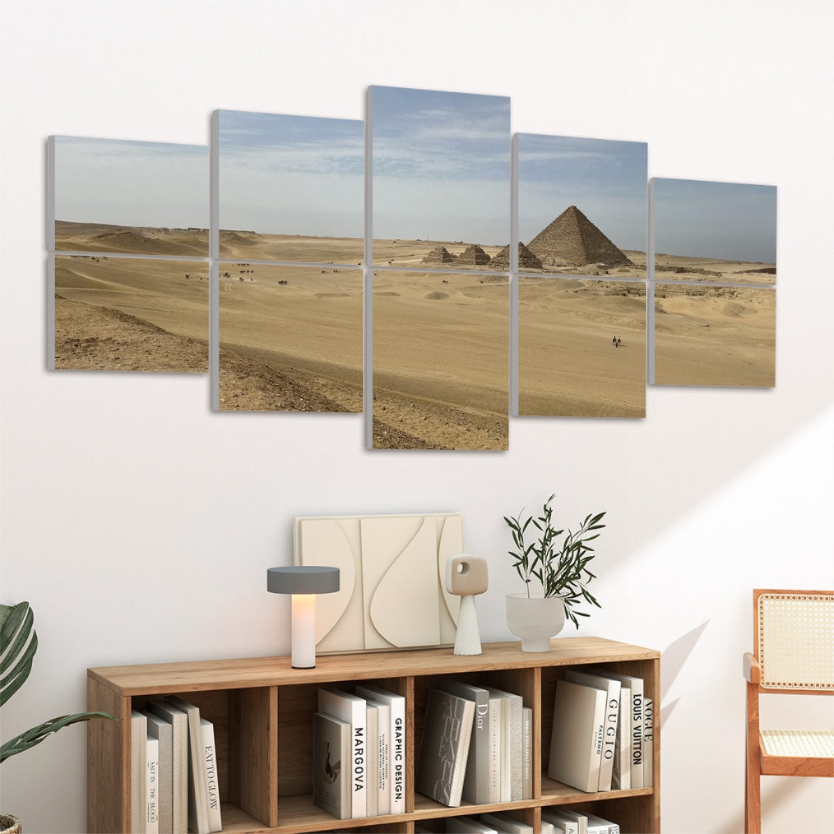 Side view of full-color panels on a white backdrop revealing depth and stone textures under morning light