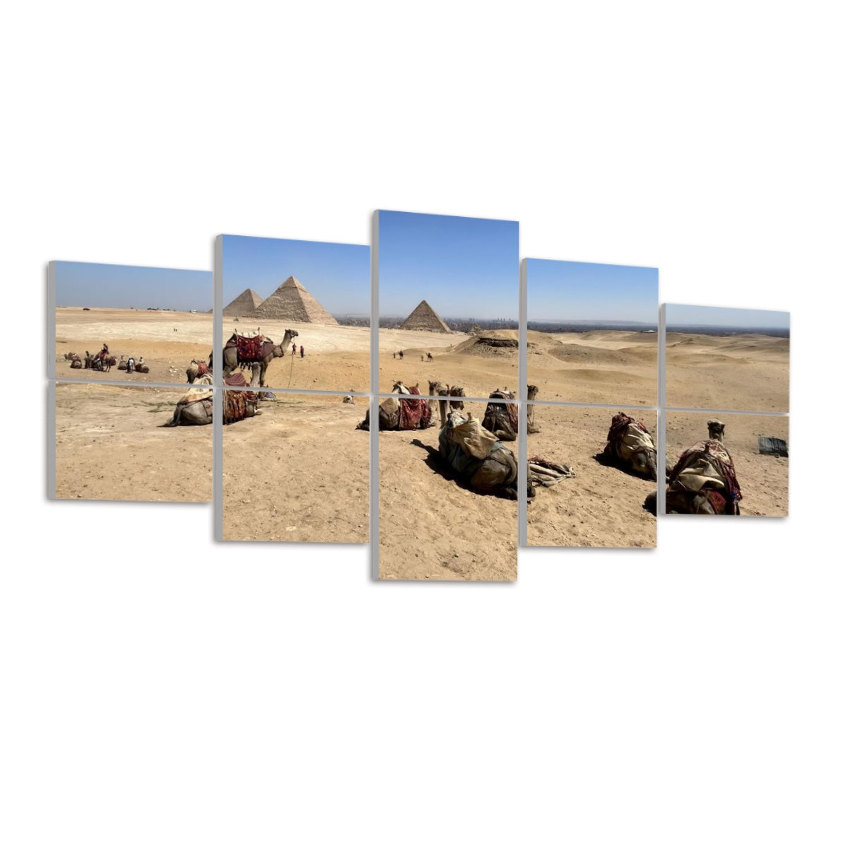 Left-angled view of 10 acoustic panels showing camels in front of pyramids under clear desert sky in full color.