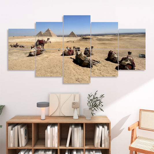 Full color desert scene of camels resting before the Pyramids of Giza, displayed across 10 decorative sound absorbing wall panels.