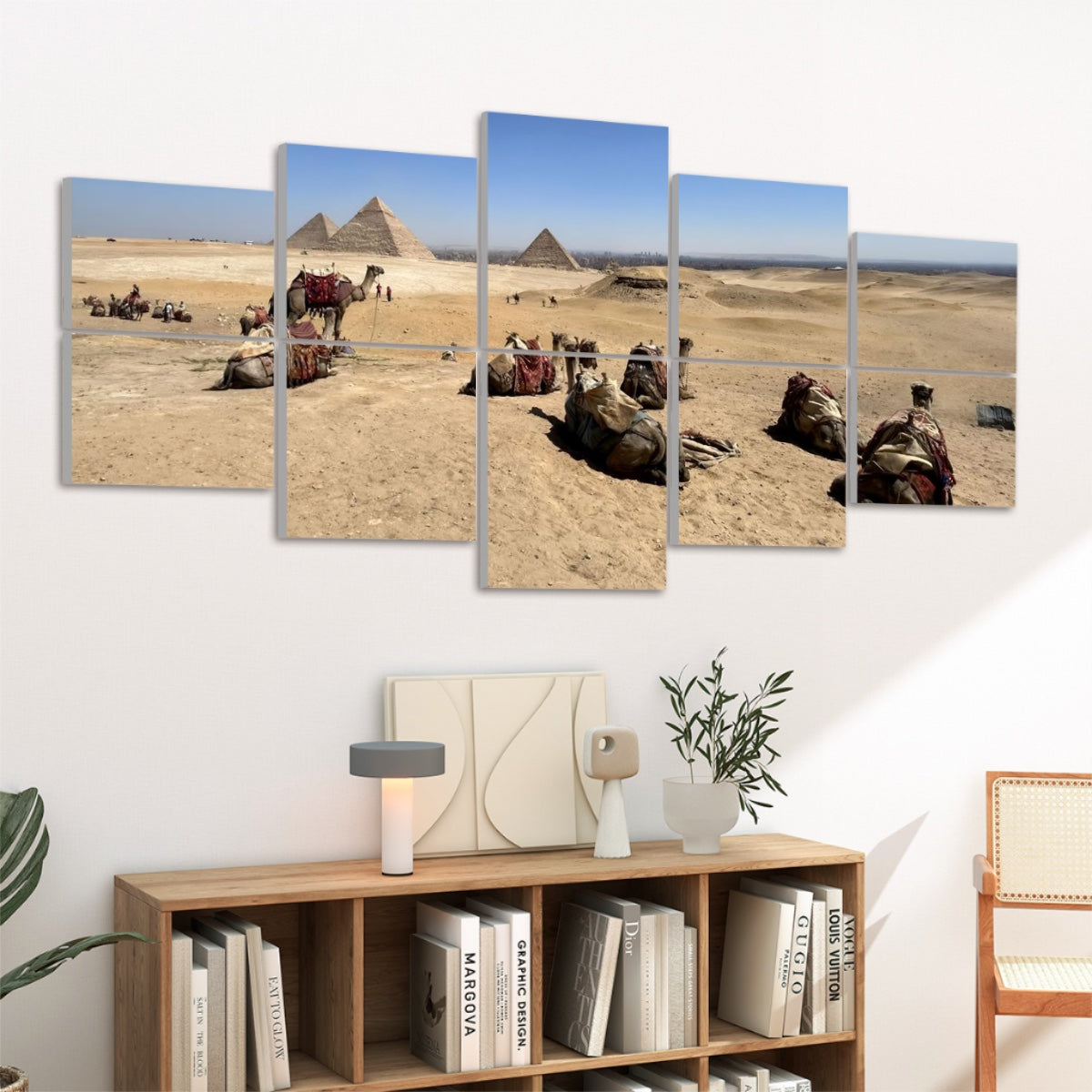 Left-angled view of 10 acoustic panels showing camels in front of pyramids under clear desert sky in full color.