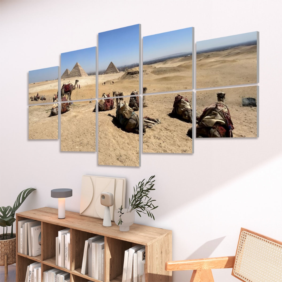 Right-angled view of 10 sound absorbing panels featuring golden sand, camels, and the pyramids in full color.