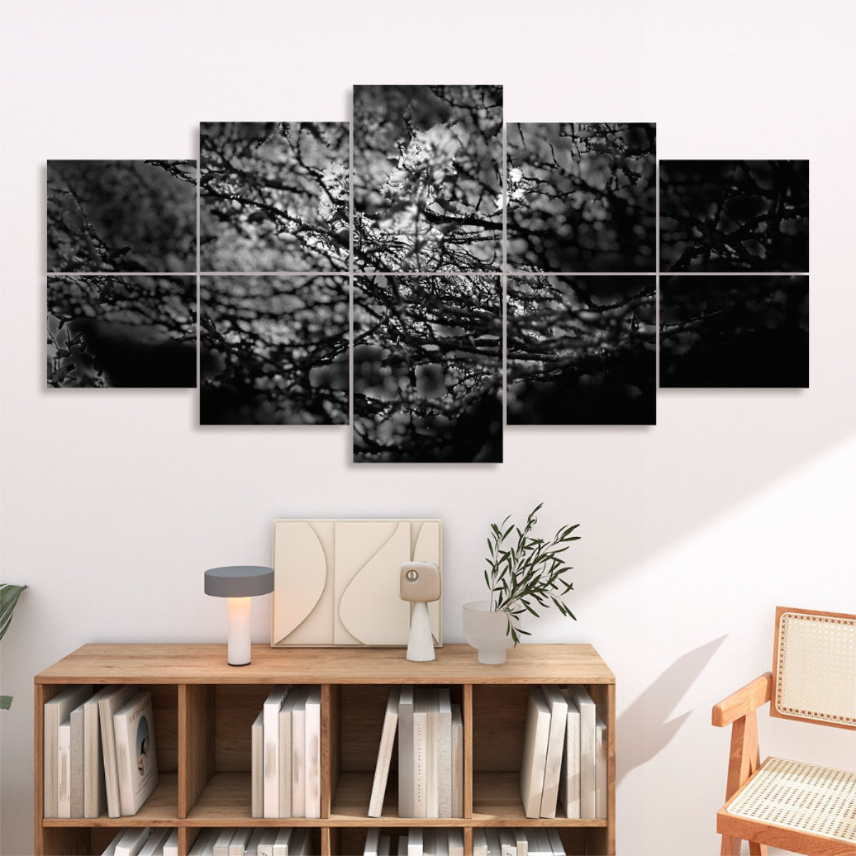 Abstract image of layered branches and light in rich natural tones, displayed across 10 decorative sound absorbing wall panels.