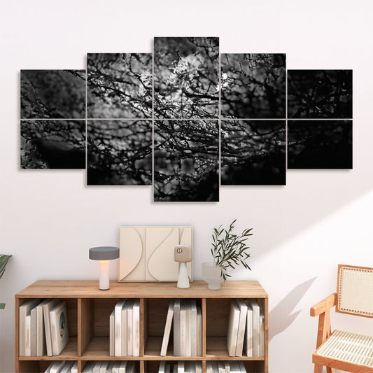 Abstract image of layered branches and light in rich natural tones, displayed across 10 decorative sound absorbing wall panels.