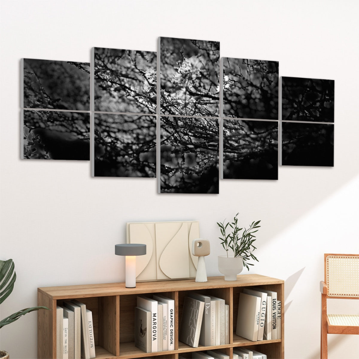 Left-angled view of 10 acoustic wall panels showing dense overlapping branches and light flares