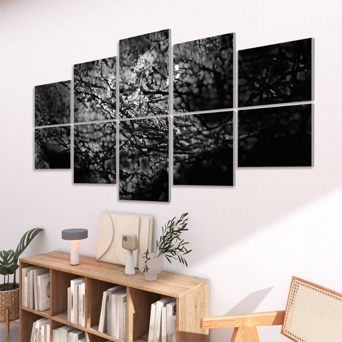 Right-angled perspective of decorative sound absorbing panels featuring textured tree branches with natural tones and scattered light.