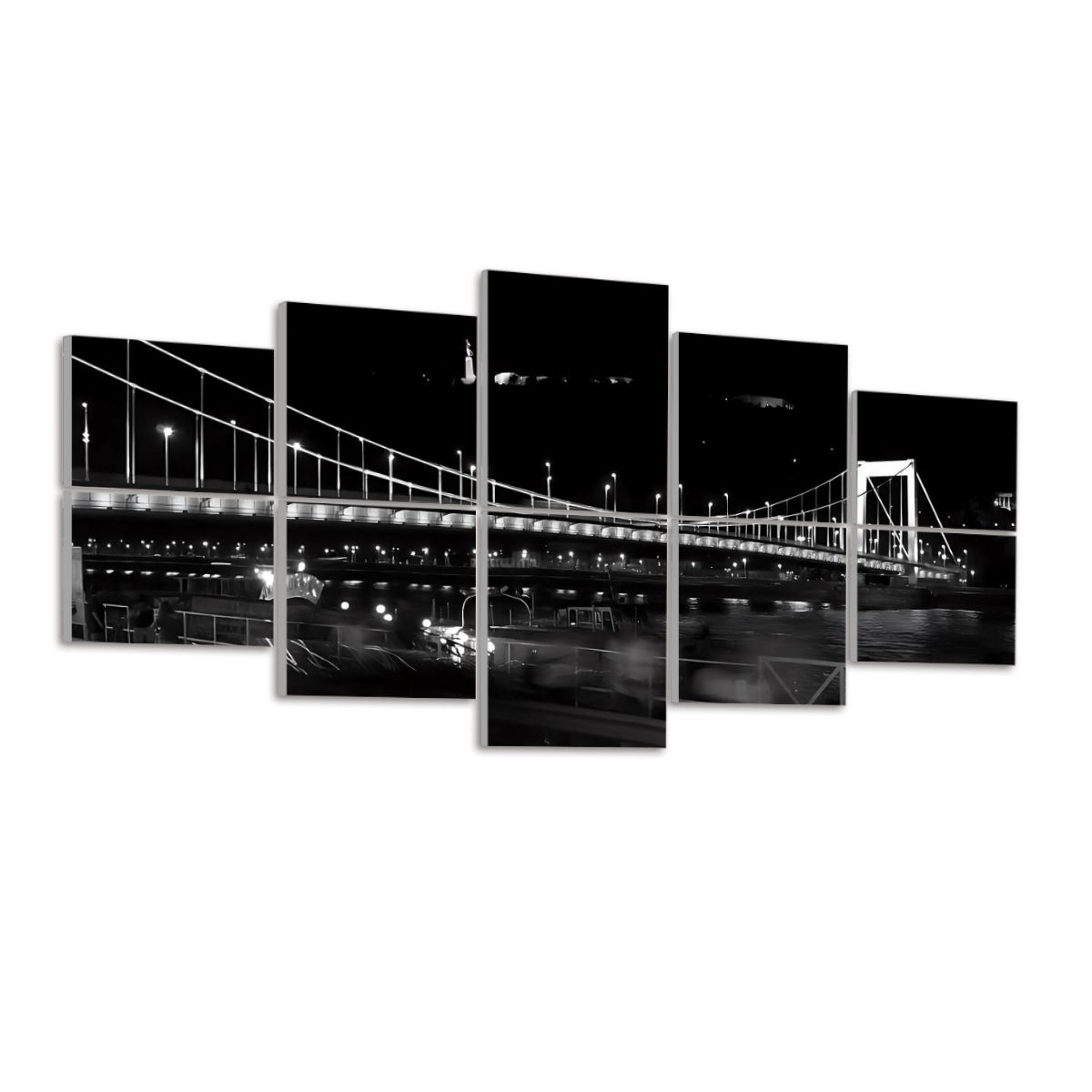 Left-angled view of 10 acoustic panels showing illuminated Budapest bridge at night in full color with glowing lights.