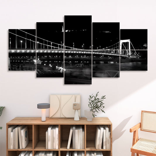 Nighttime city bridge in Budapest lit with white lights and soft reflections, displayed in full color across 10 decorative sound absorbing wall panels.
