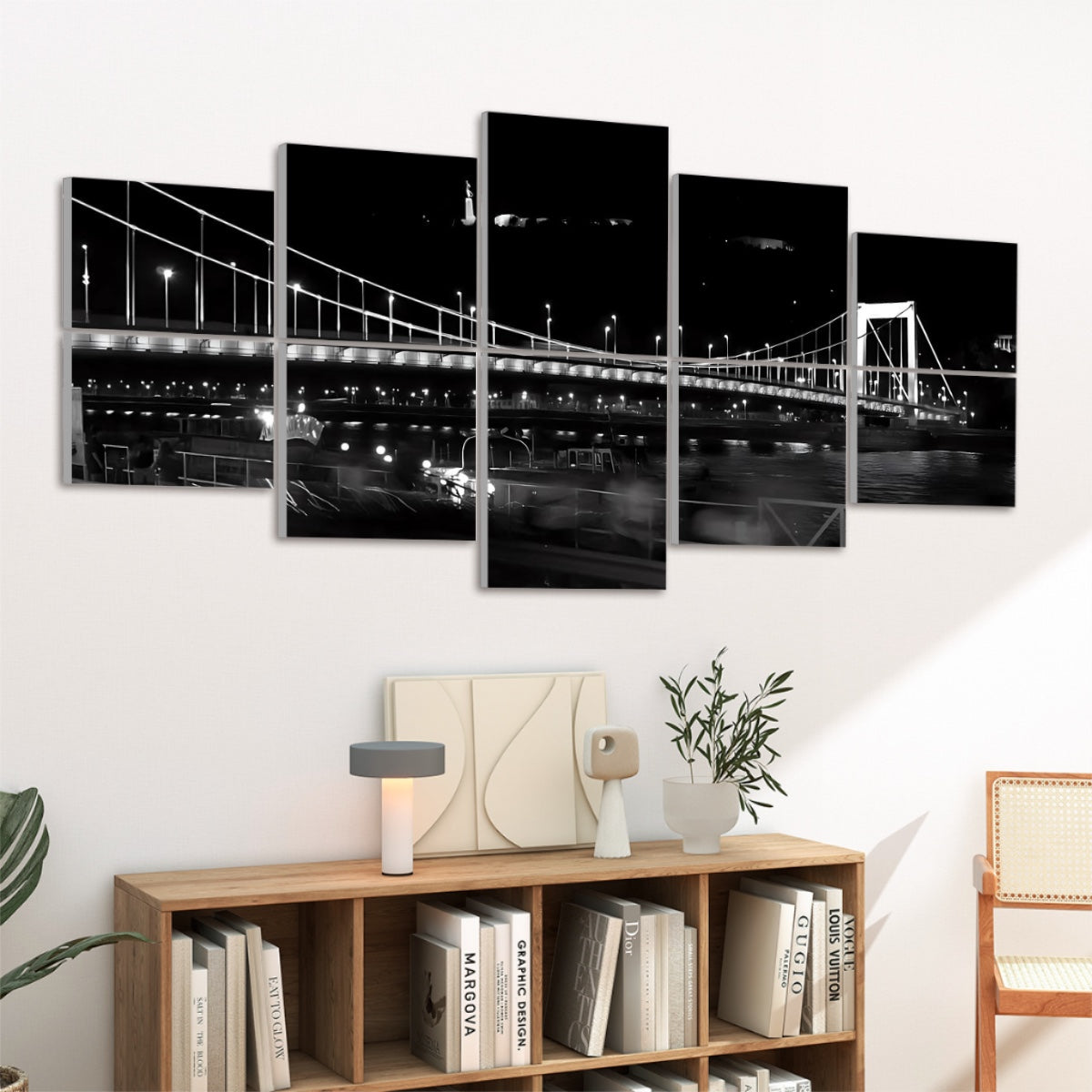 Left-angled view of 10 acoustic panels showing illuminated Budapest bridge at night in full color with glowing lights.