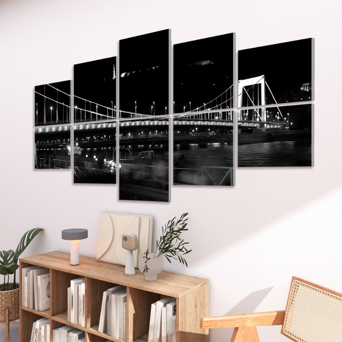 Right-angled perspective of decorative panels featuring a nighttime city bridge and calm water reflections in full color.