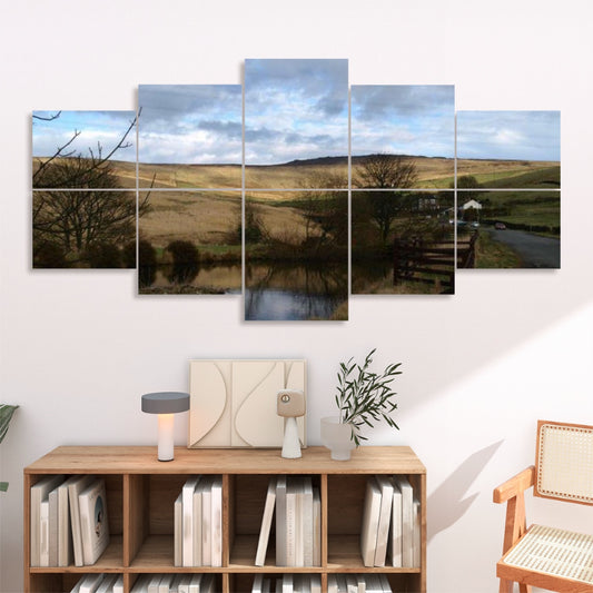 Open countryside with hills, a pond, and a quiet road, displayed in full color across 10 decorative sound absorbing wall panels.