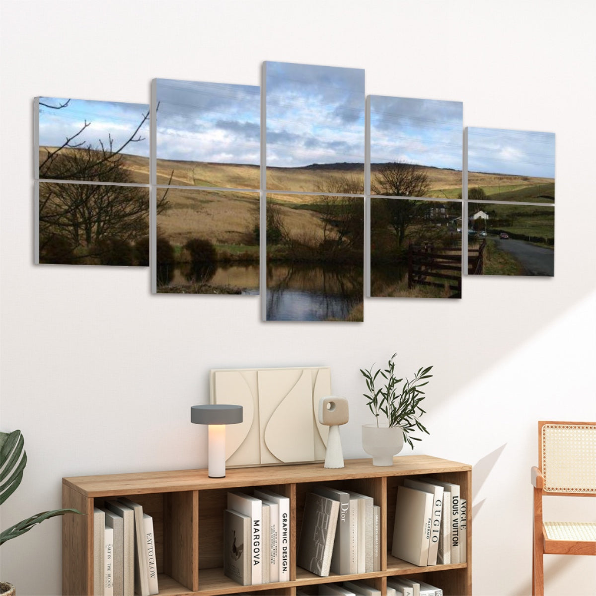 Left-angled view of 10 acoustic panels showing a golden field, pond reflection, and countryside road in full color.