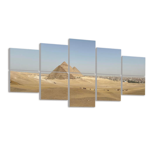 Left-angled view of 10 full color acoustic panels showing distant pyramids and golden sand.