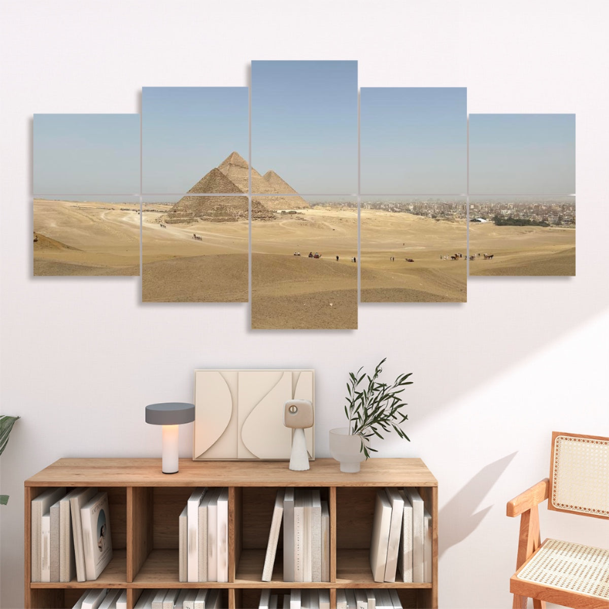 Wide desert landscape featuring the Pyramids of Giza under a clear blue sky, displayed in full color across 10 decorative sound absorbing wall panels.