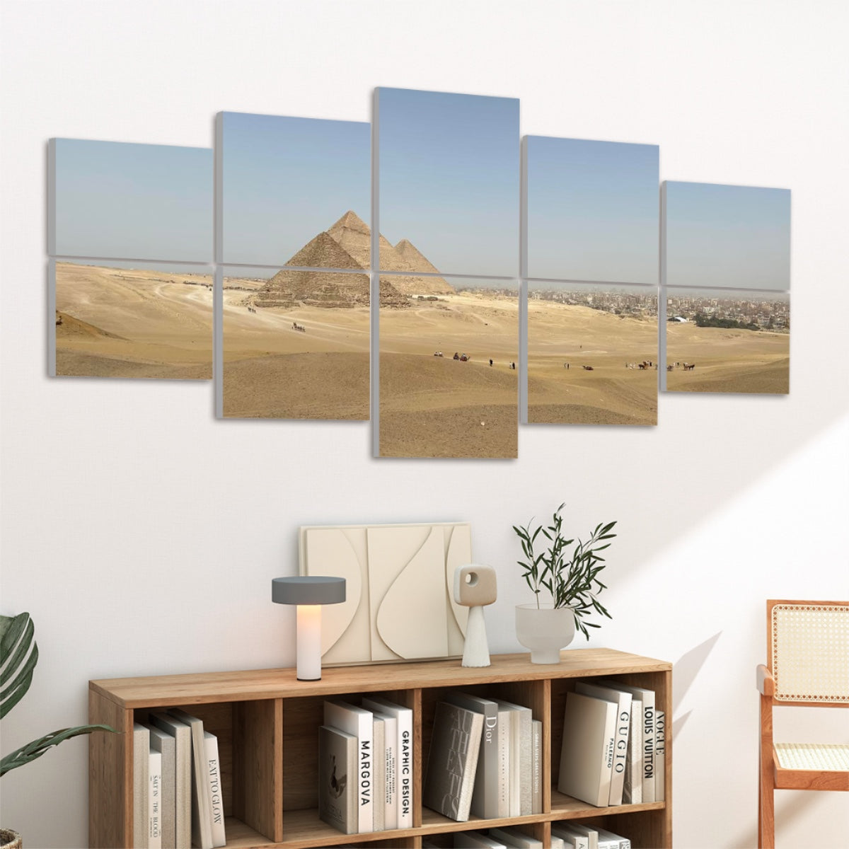 Left-angled view of 10 full color acoustic panels showing distant pyramids and golden sand.