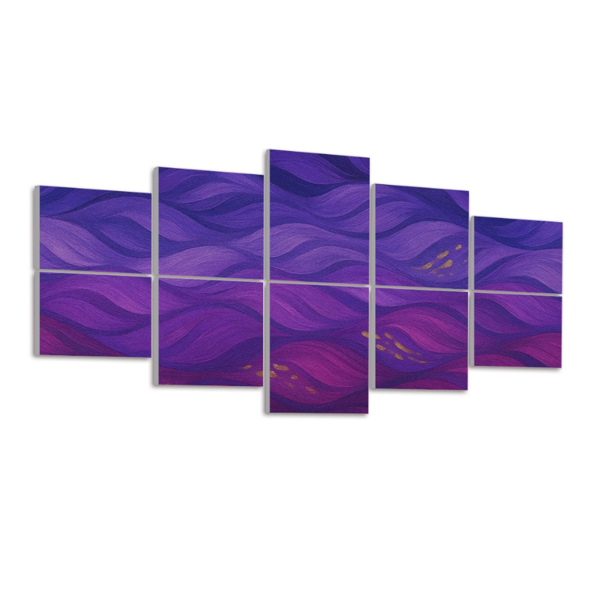 Angled view of full color Gilded Amethyst Currents panels showing layered purples and gold tones from the left perspective.