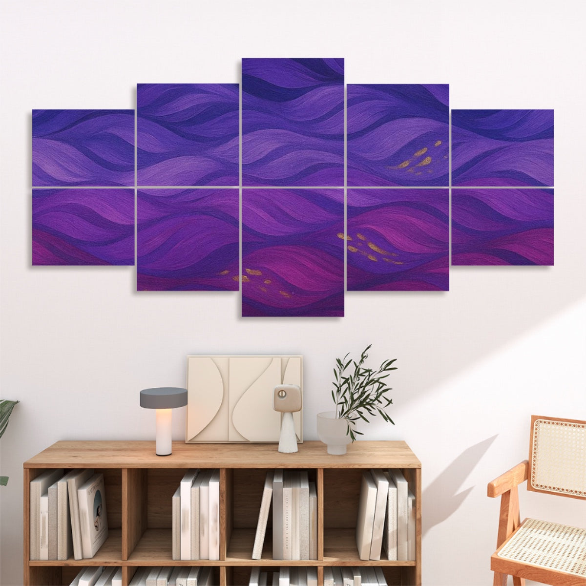 Ten decorative sound absorbing wall panels featuring deep violet and magenta waveforms with fine gold accents in a continuous flowing pattern.