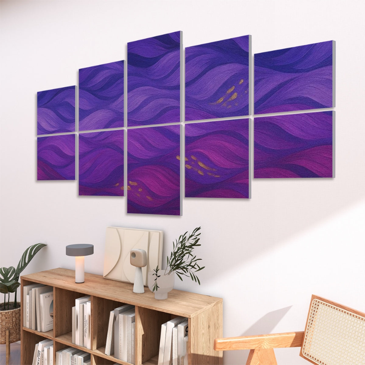 Side view of full color Gilded Amethyst Currents showing depth, curve, and color transition across ten panels.