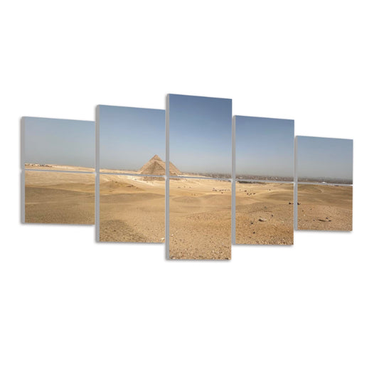left view: Ten panels in a 2×5 grid on a white wall showing a sandy desert plain and the Pyramids of Giza under a blue sky