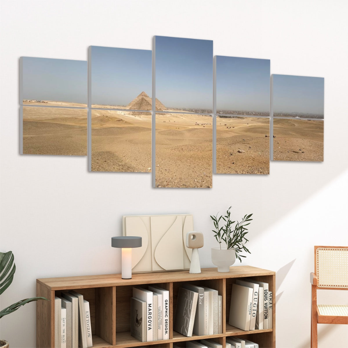 left view: Ten panels in a 2×5 grid on a white wall showing a sandy desert plain and the Pyramids of Giza under a blue sky