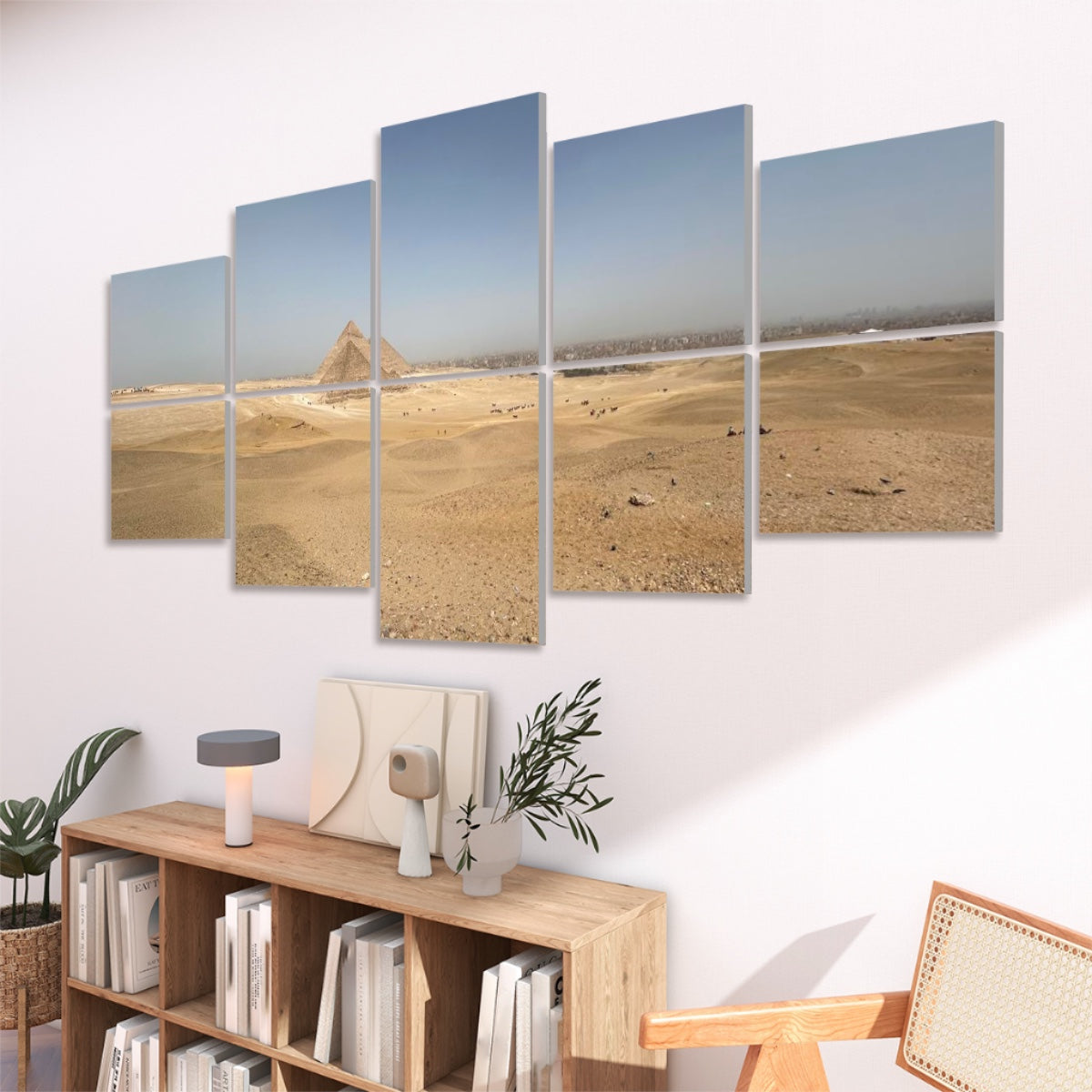 right view: Ten panels in a 2×5 grid on a white wall showing a sandy desert plain and the Pyramids of Giza under a blue sky