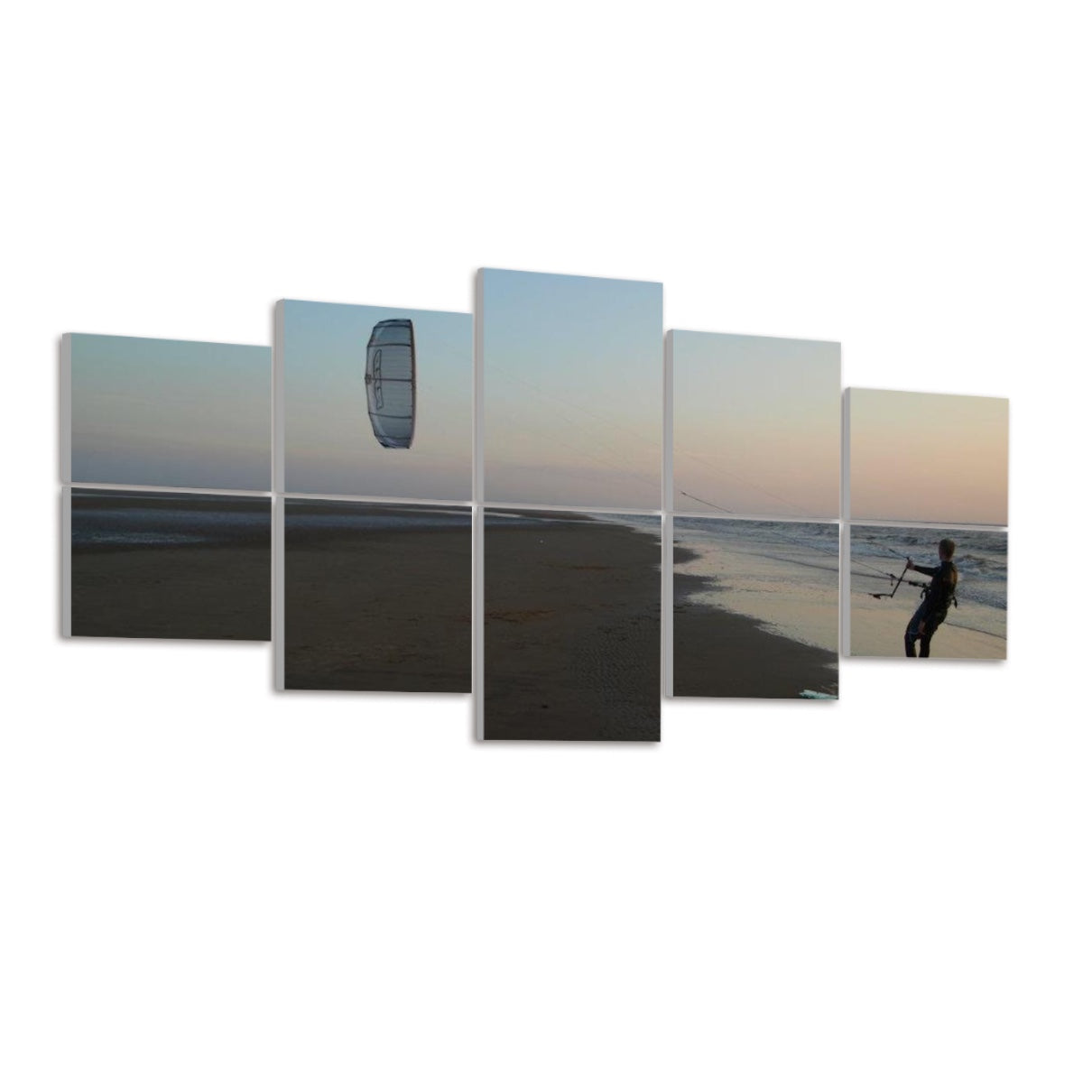 Left view: Ten panels in a 2×5 grid showing a kitesurfer on a sandy beach at sunrise with pastel sky and blue water