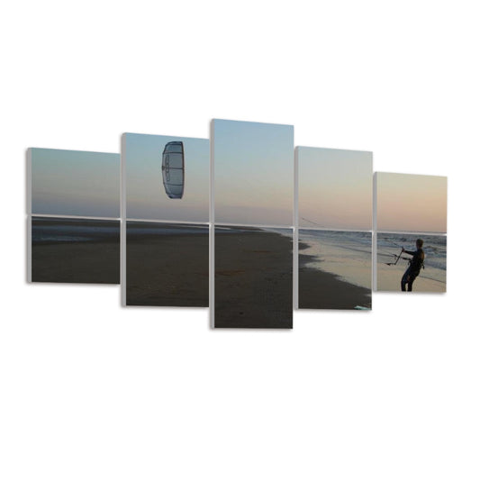 Left view: Ten panels in a 2×5 grid showing a kitesurfer on a sandy beach at sunrise with pastel sky and blue water