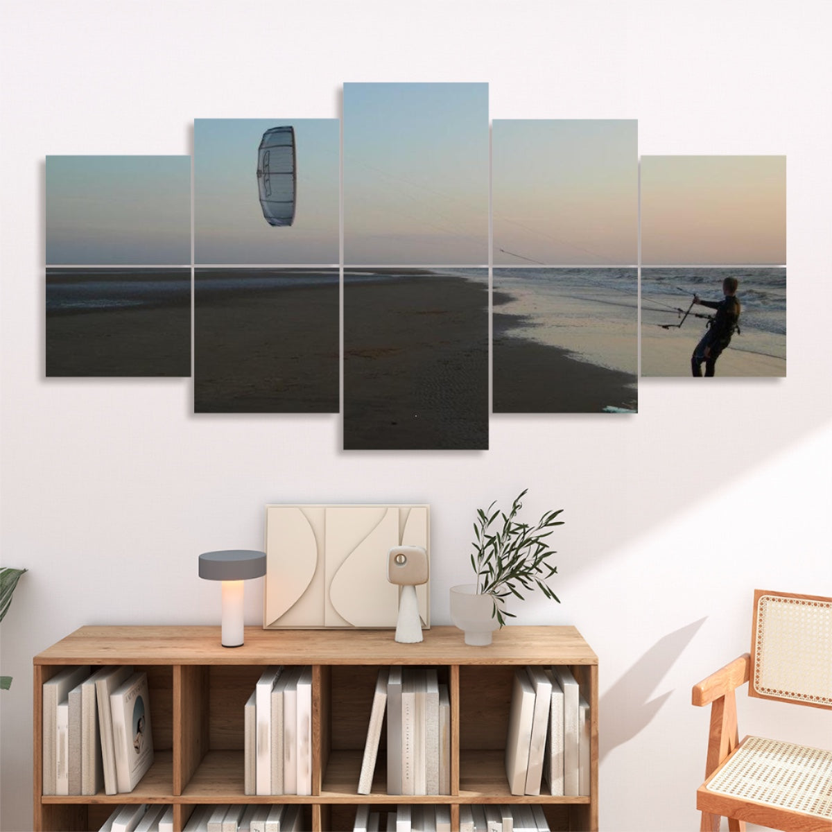 Ten panels in a 2×5 grid showing a kitesurfer on a sandy beach at sunrise with pastel sky and blue water