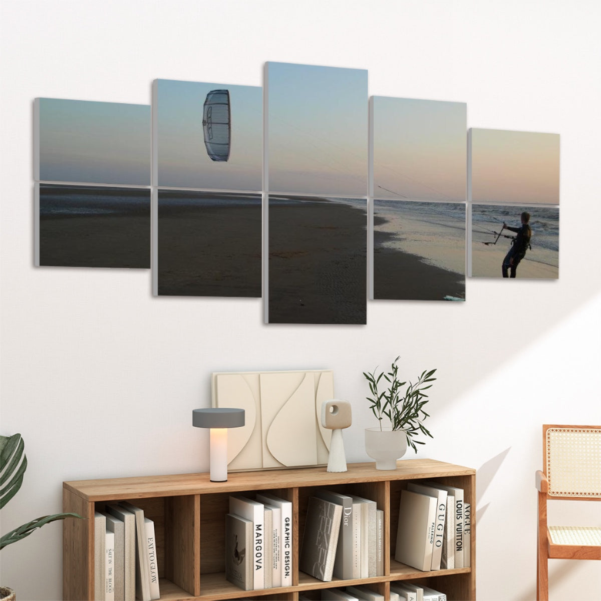 Left view: Ten panels in a 2×5 grid showing a kitesurfer on a sandy beach at sunrise with pastel sky and blue water