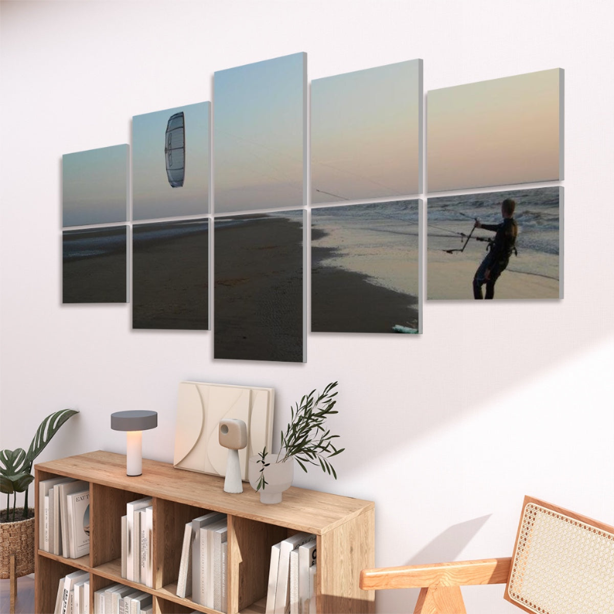 right view Ten panels in a 2×5 grid showing a kitesurfer on a sandy beach at sunrise with pastel sky and blue water